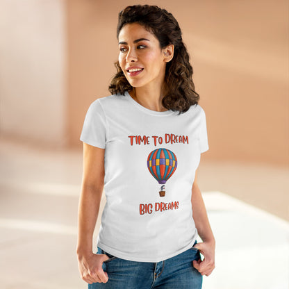 Motivational graphic t-shirt for women with colorful hot air balloon and dream quote design