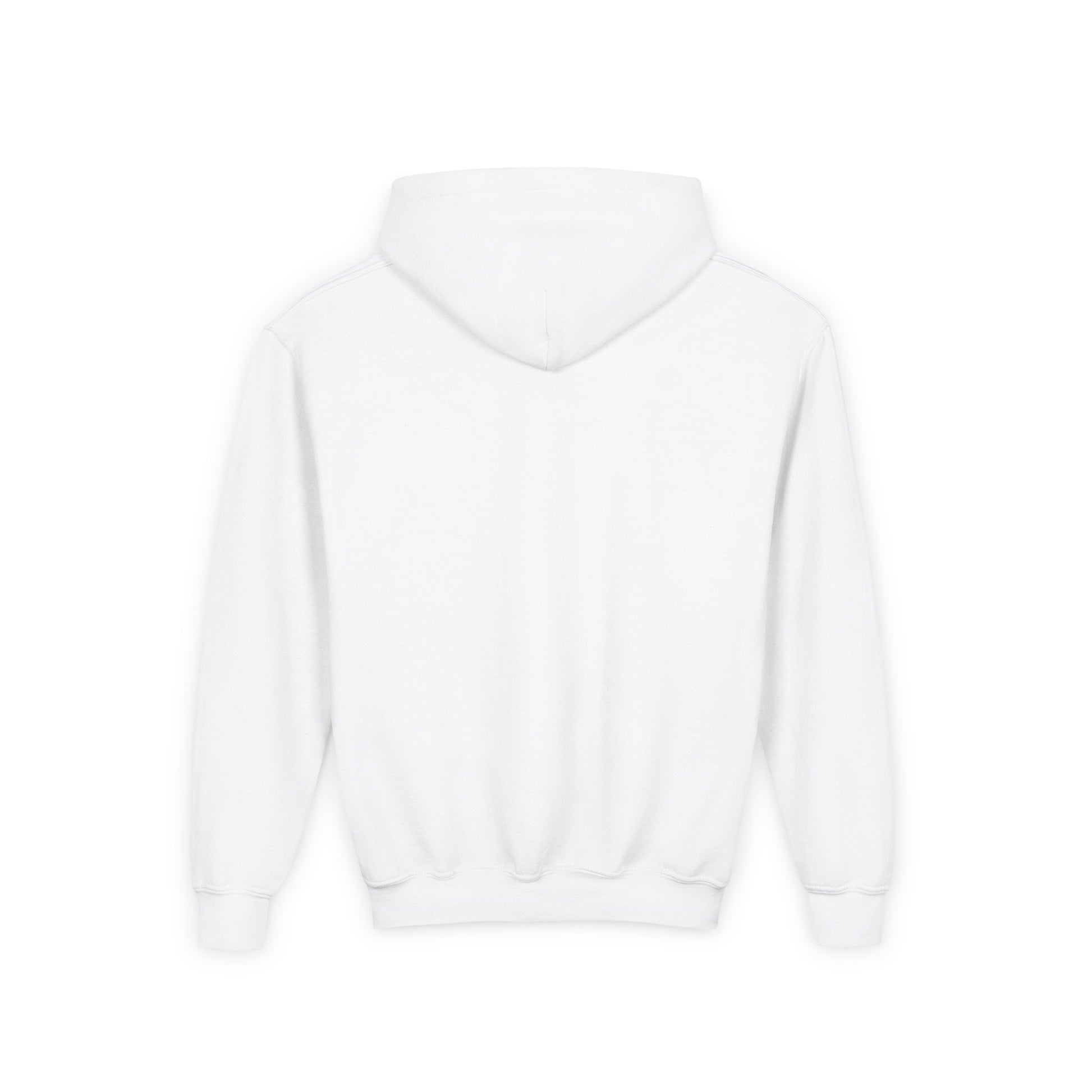 Back view of plain white rocket ship hoodie for kids by Printify with hood and long sleeves