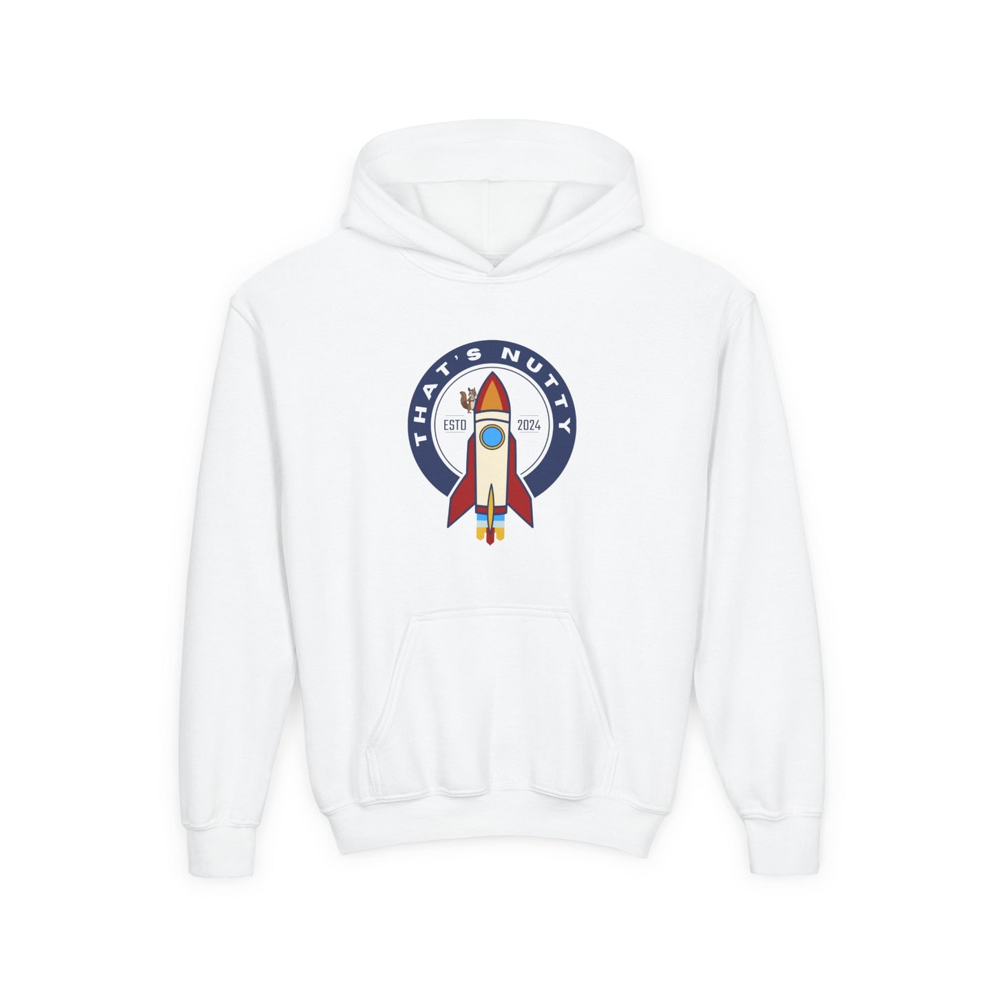 White kids rocket ship hoodie with front pocket and colorful rocket graphic from Printify