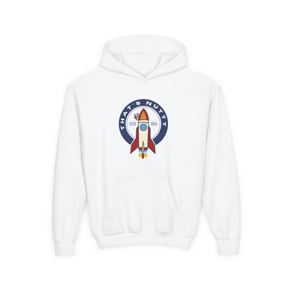 White kids rocket ship hoodie with front pocket and colorful rocket graphic from Printify