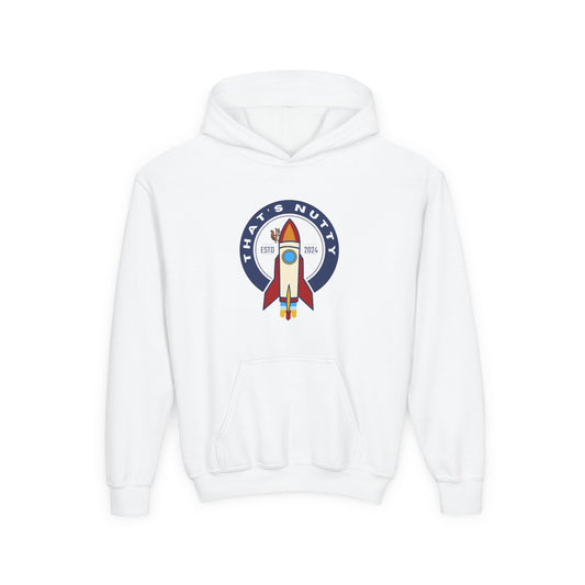 White kids rocket ship hoodie with front pocket and colorful rocket graphic from Printify
