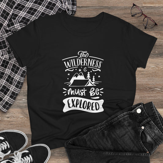 Black Printify t-shirt with white wilderness exploration shirt graphic featuring mountains and trees