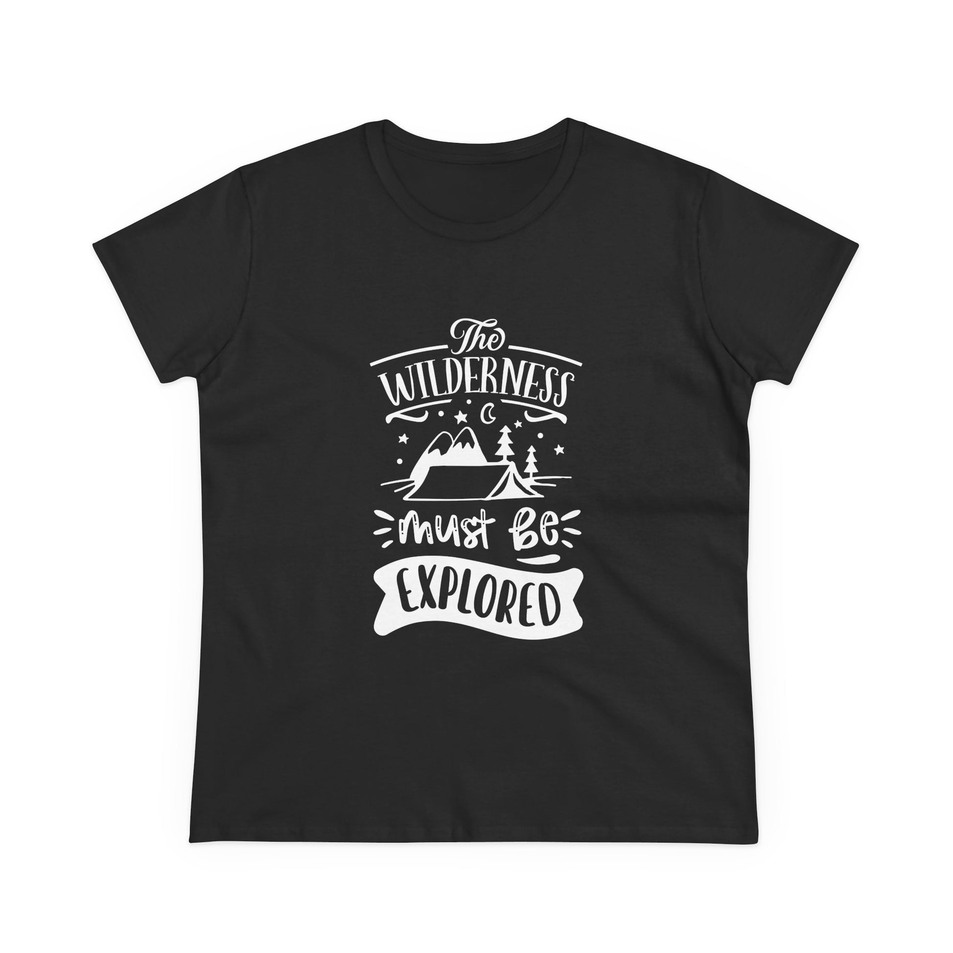 Black Printify t-shirt with white wilderness exploration shirt design featuring mountains and trees