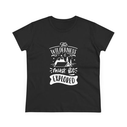 Black Printify t-shirt with white wilderness exploration shirt design featuring mountains and trees