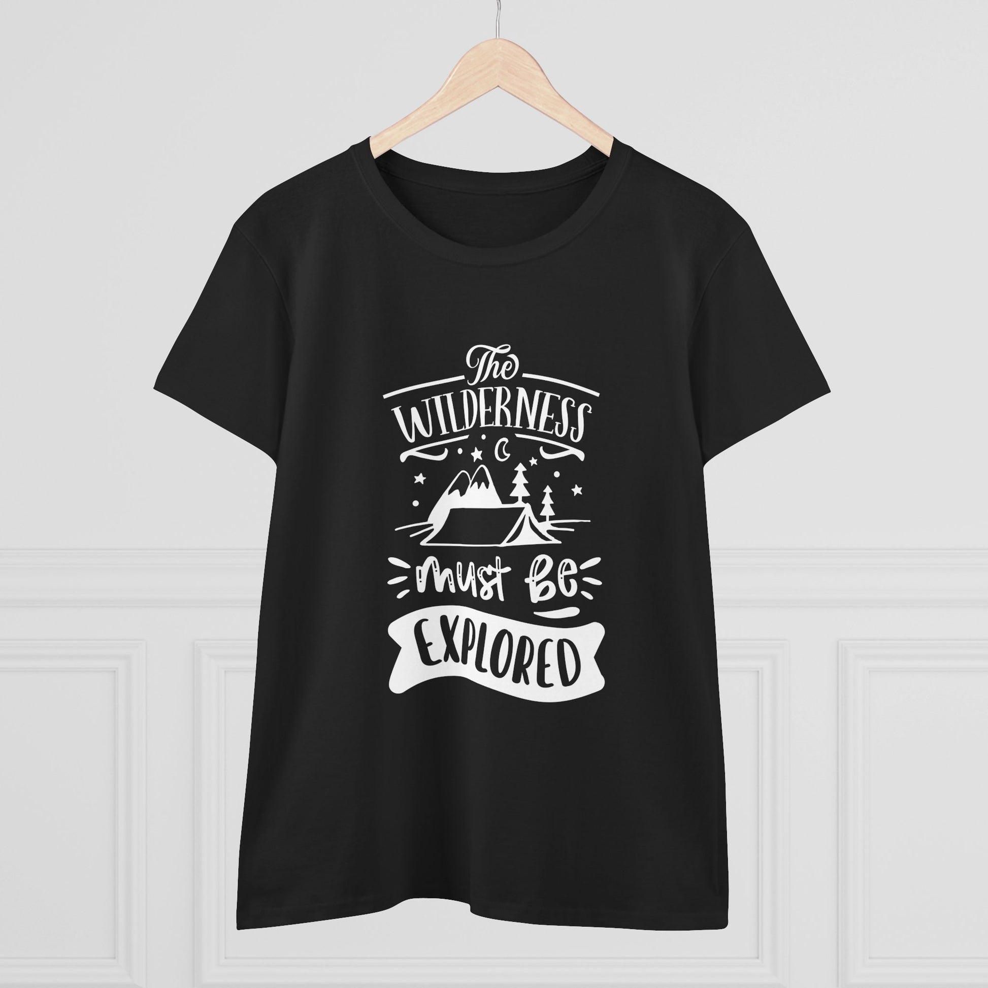 Black Printify t-shirt with white wilderness exploration shirt design featuring mountains trees and campfire graphic