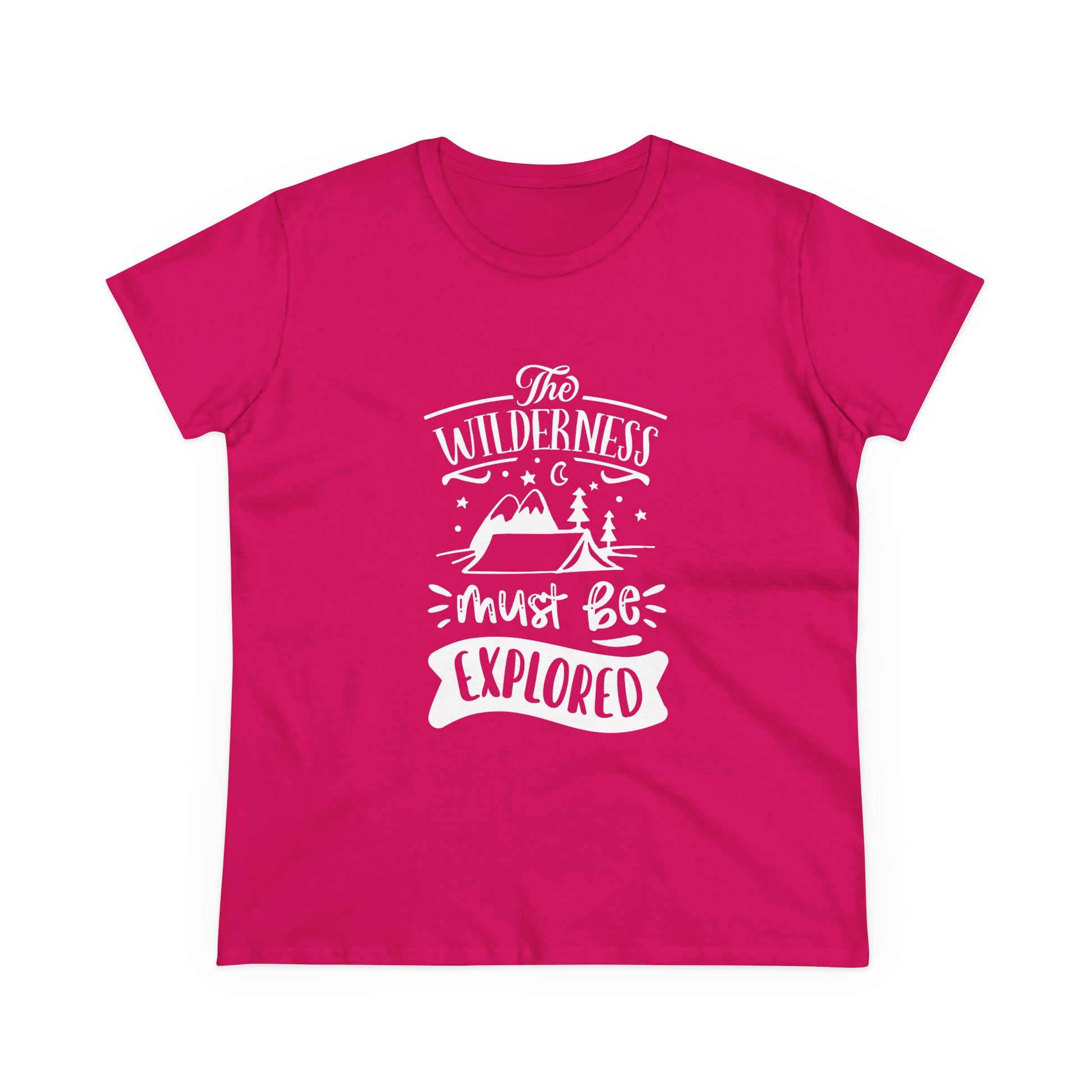 Pink wilderness exploration shirt with white outdoor adventure graphic and text print
