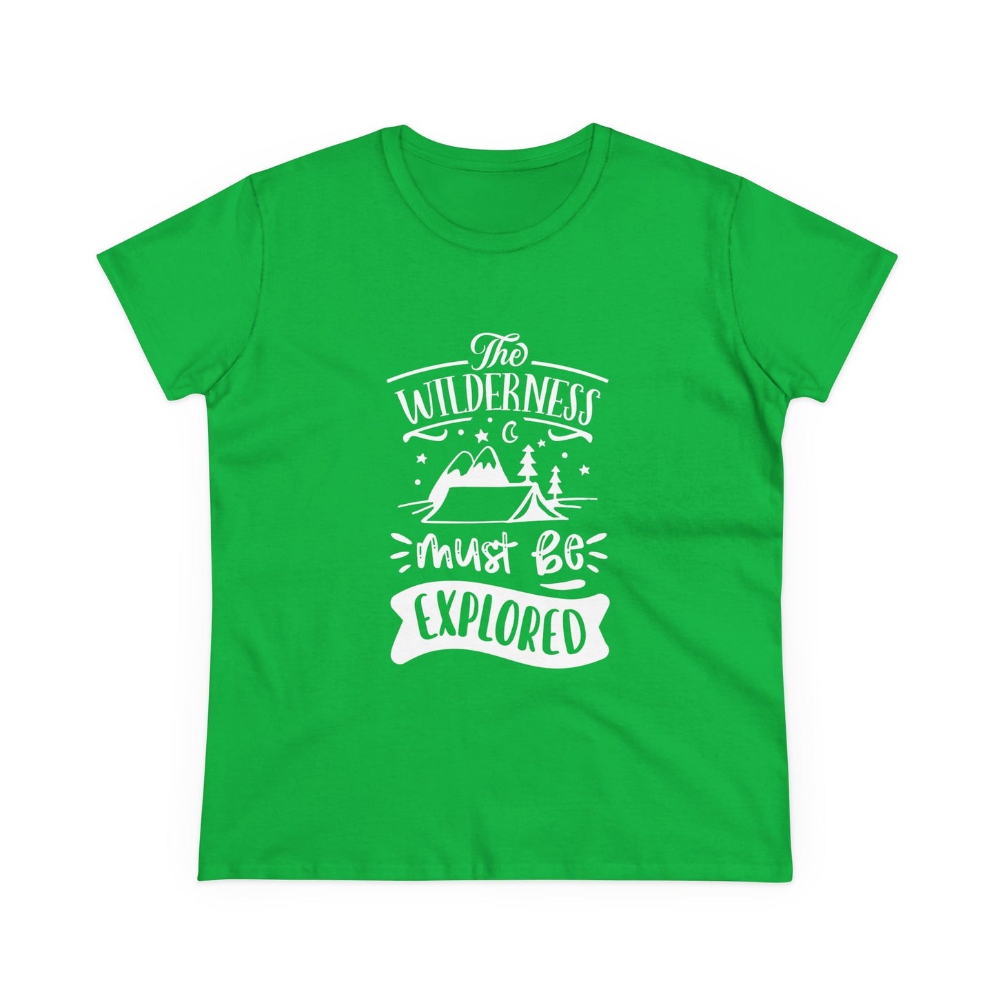Green Printify wilderness exploration shirt with white mountain and tree graphic design