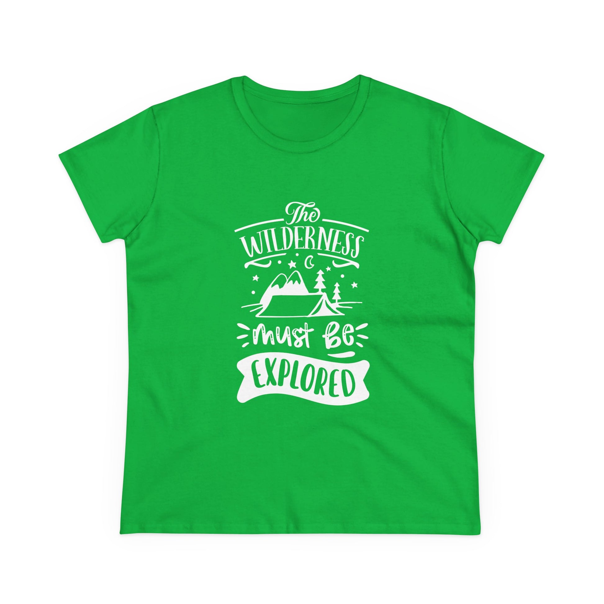 Green Printify wilderness exploration shirt with white mountain and tree graphic design