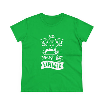 Green Printify wilderness exploration shirt with white mountain and tree graphic design