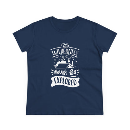 Navy blue wilderness exploration shirt with white outdoor-themed graphic and text design