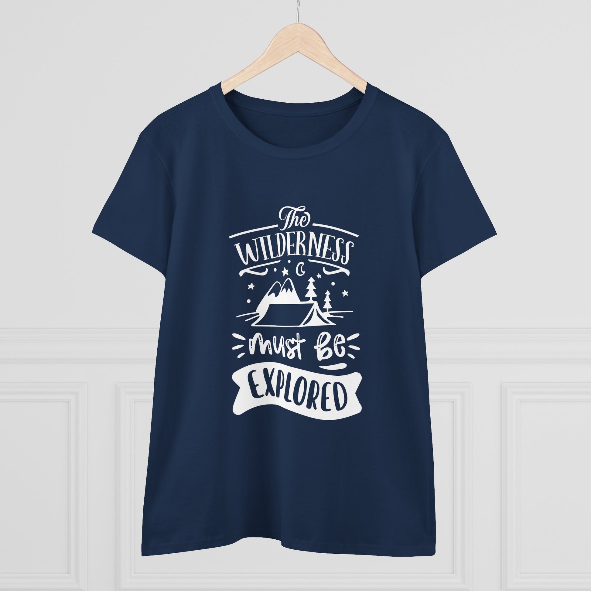 Navy Printify t-shirt with white wilderness exploration shirt design featuring mountains and trees