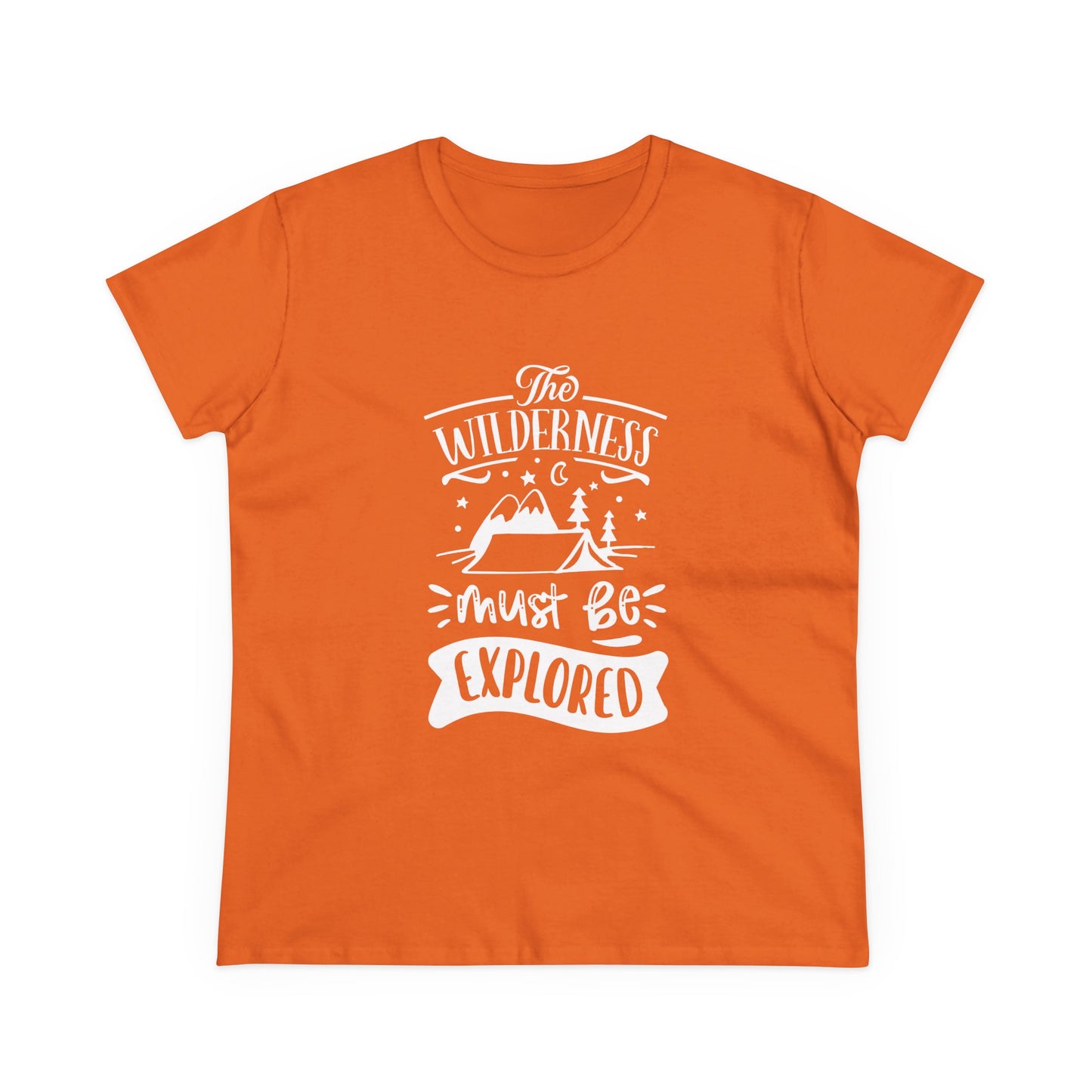 Orange Printify T-shirt with white wilderness exploration shirt text and mountain graphic design