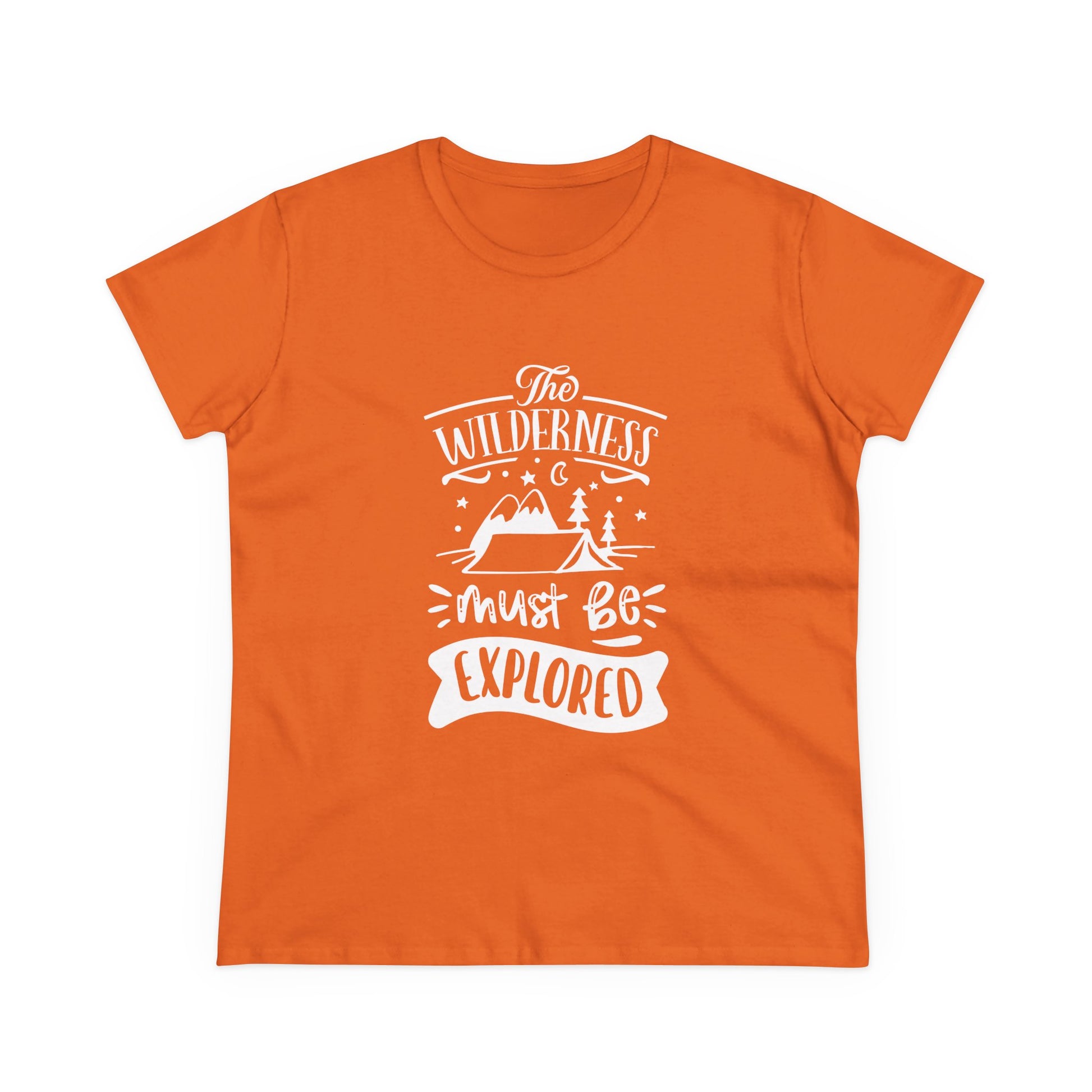 Orange Printify T-shirt with white wilderness exploration shirt text and mountain graphic design