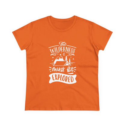Orange Printify T-shirt with white wilderness exploration shirt text and mountain graphic design