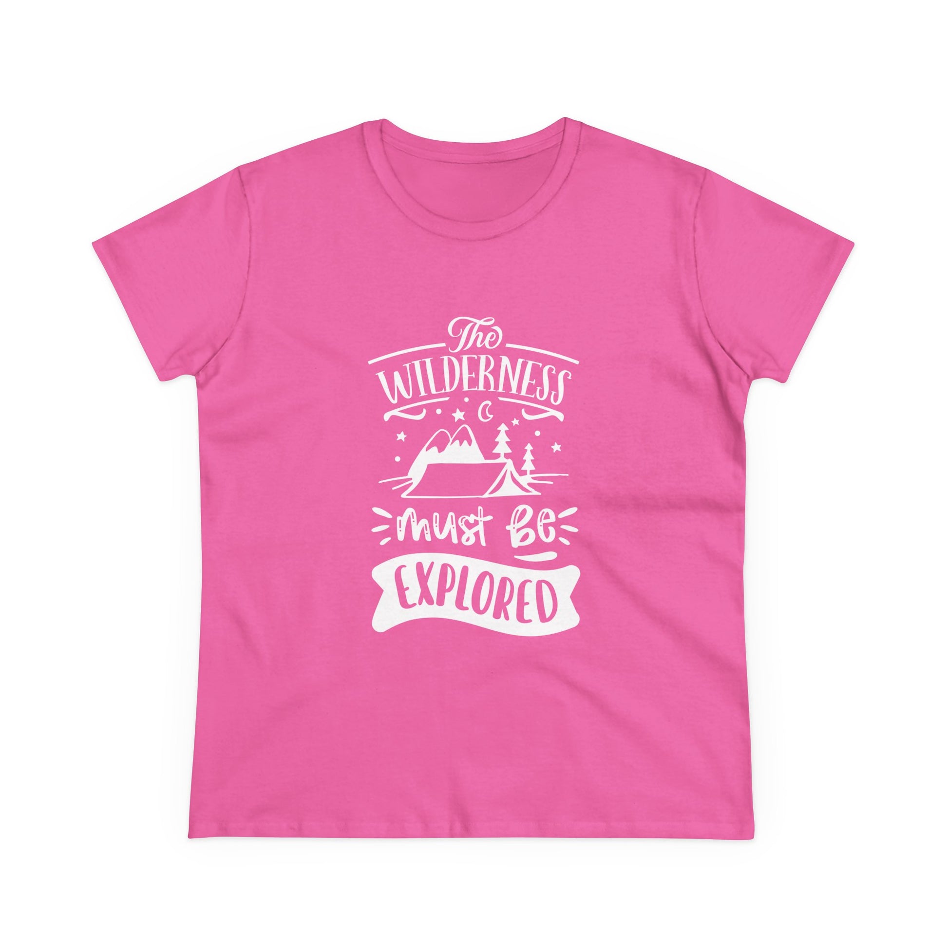 Pink Printify wilderness exploration shirt with white mountain and camping graphic design