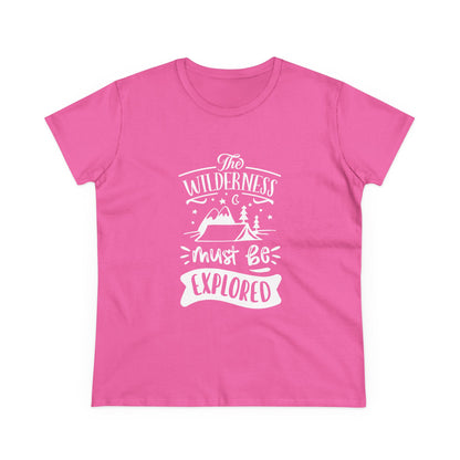 Pink Printify wilderness exploration shirt with white mountain and camping graphic design