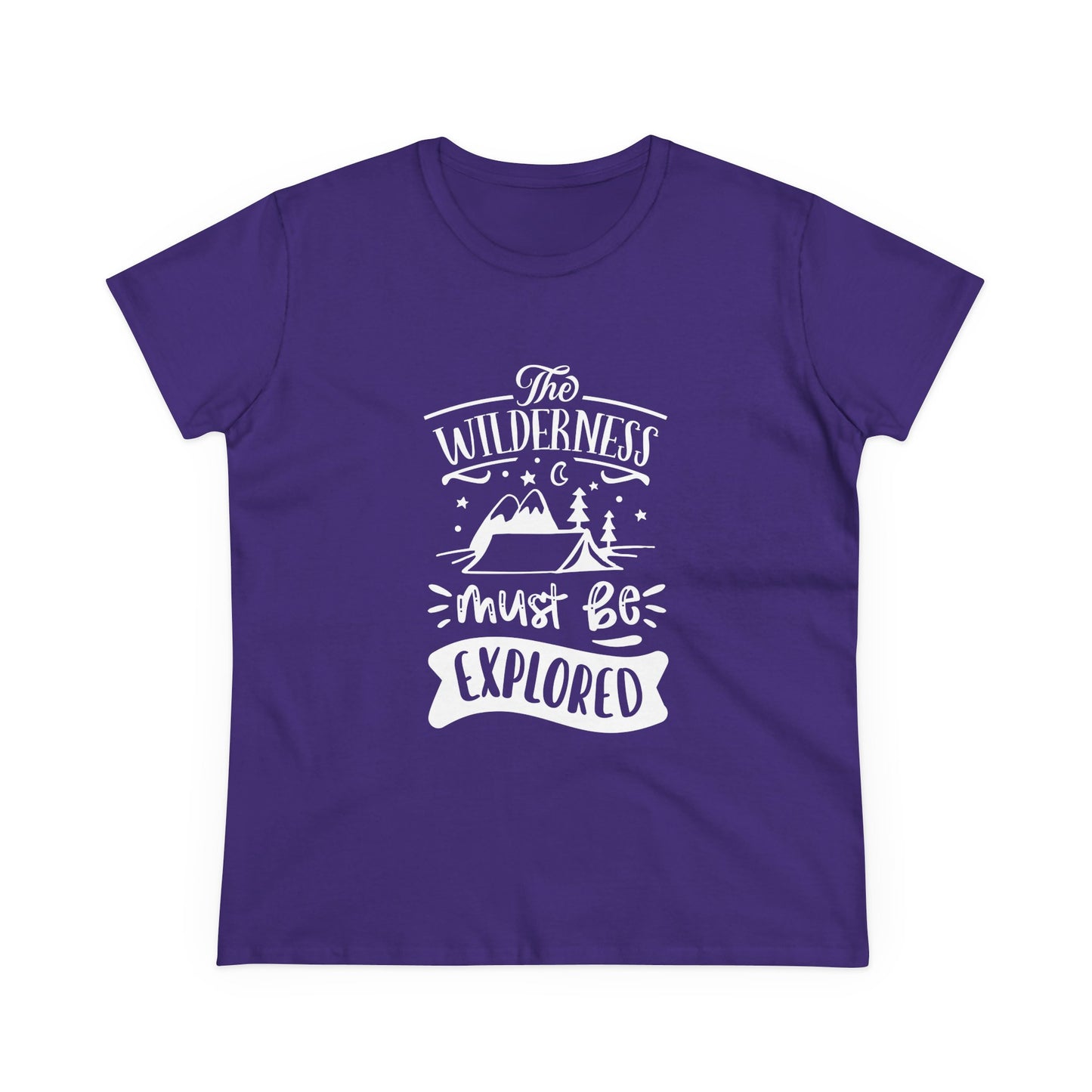 Purple Printify wilderness exploration shirt with white mountain and tent graphic design