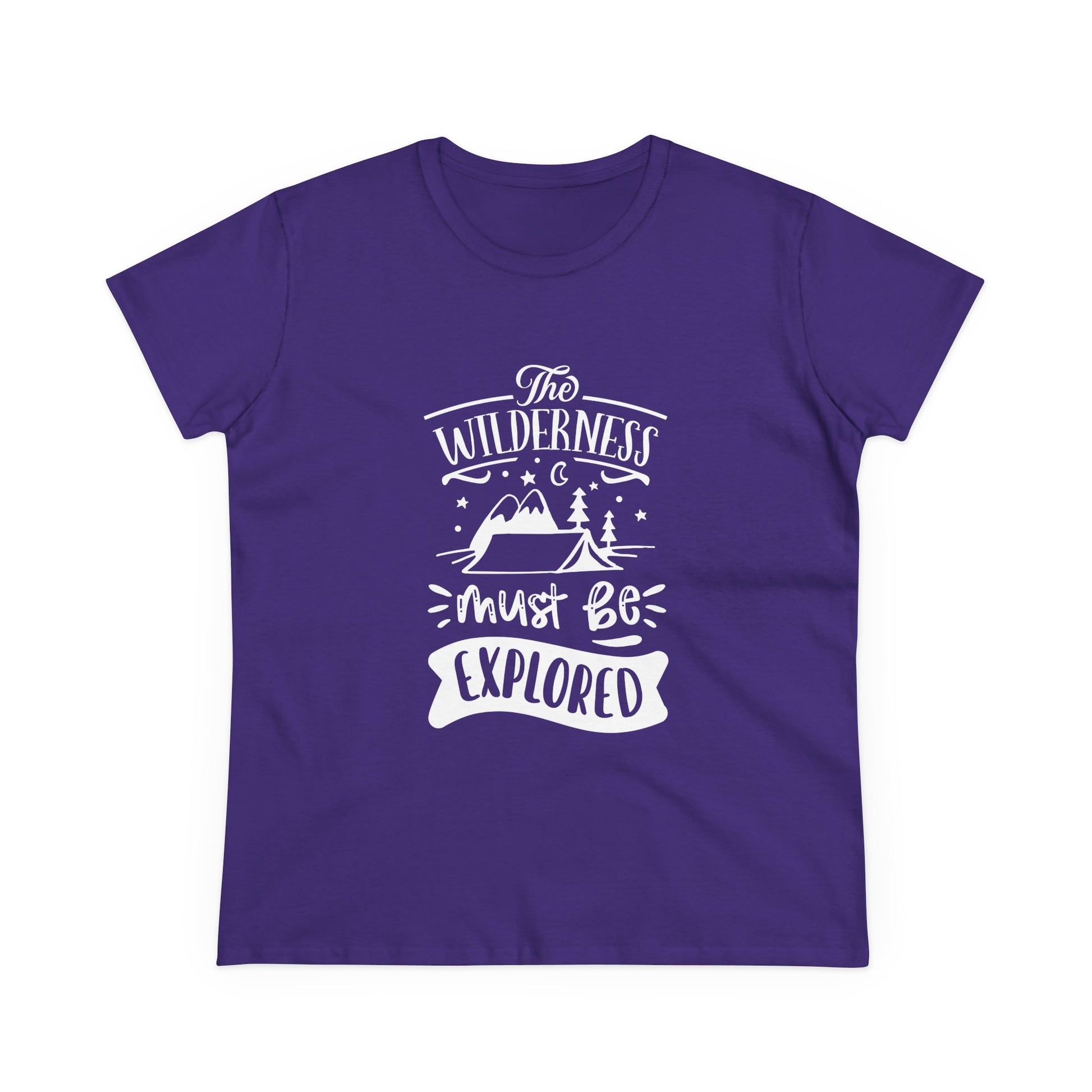 Purple Printify wilderness exploration shirt with white mountain and tent graphic design