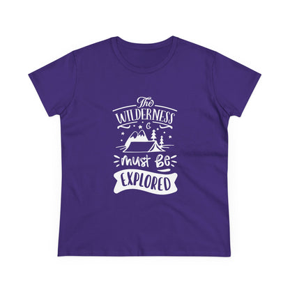 Purple Printify wilderness exploration shirt with white mountain and tent graphic design