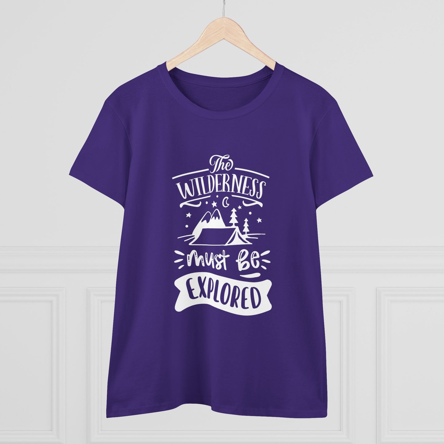 Purple Printify t-shirt with white wilderness exploration shirt graphic and text design