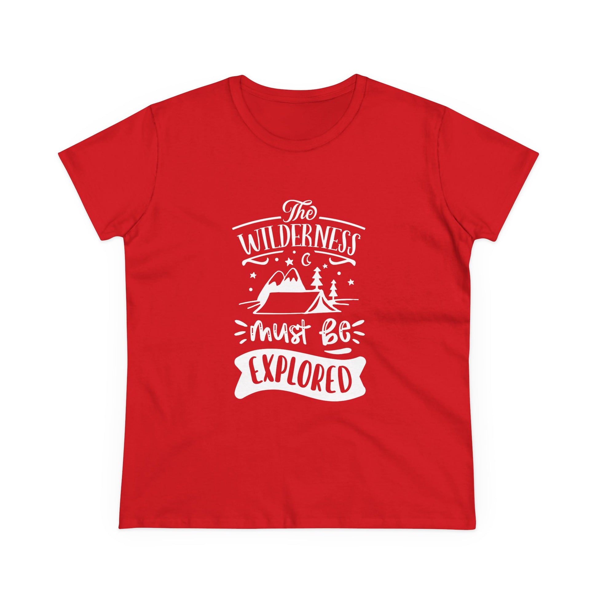 Red Printify T-shirt with white wilderness exploration shirt design featuring mountains and trees