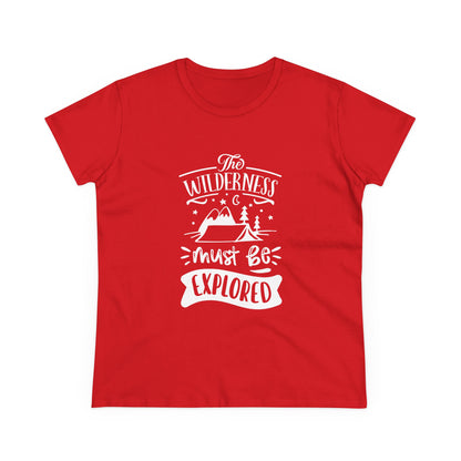 Red Printify T-shirt with white wilderness exploration shirt design featuring mountains and trees