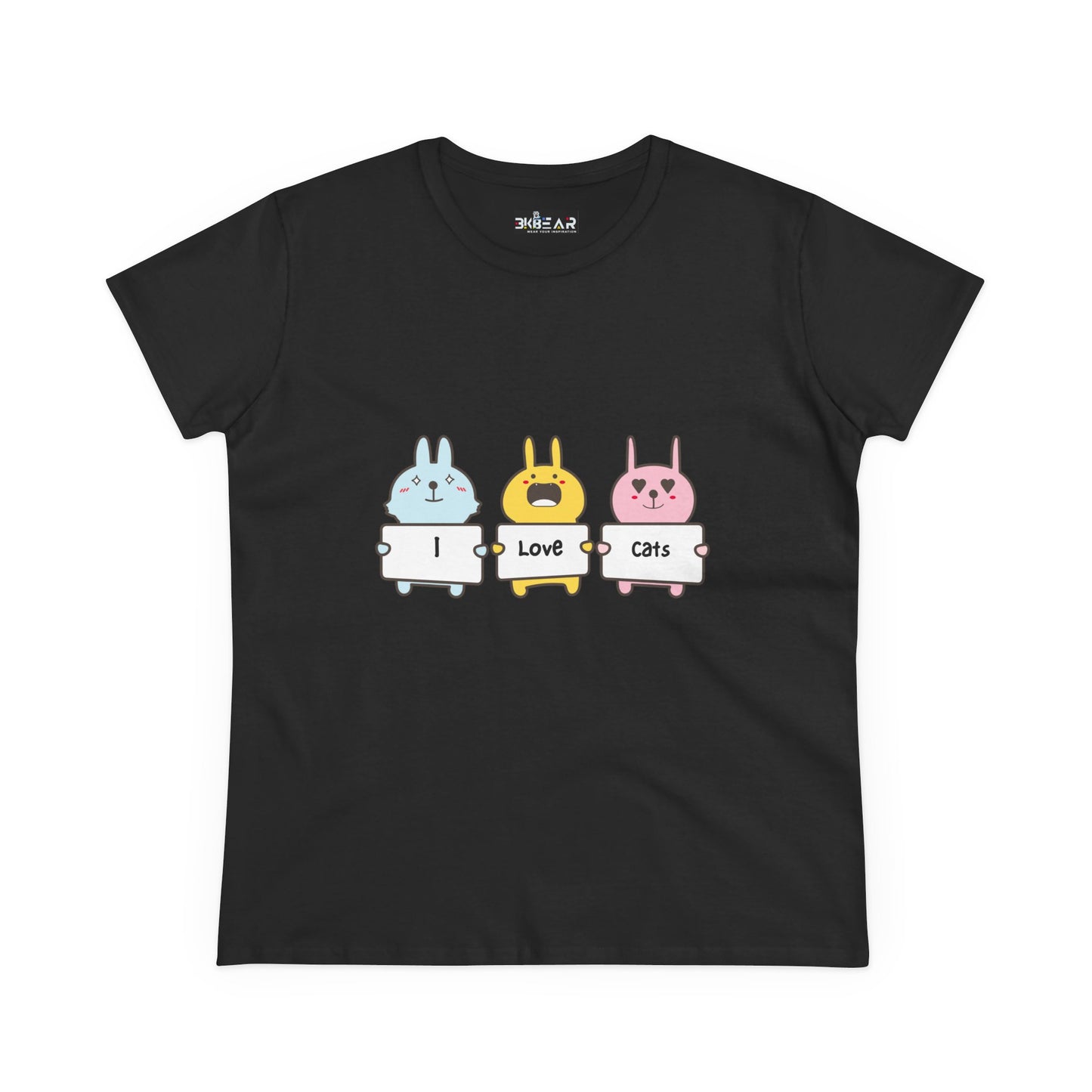 Black women's cat lover t-shirt with cute cartoon animals holding I love cats signs