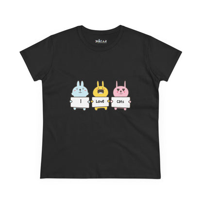 Black women's cat lover t-shirt with cute cartoon animals holding I love cats signs