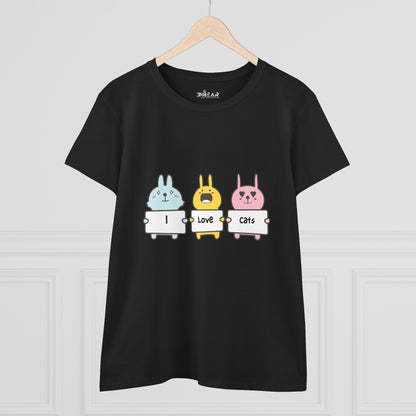 Black women's cat lover t-shirt with cute cartoon bunnies holding signs that say I love cats