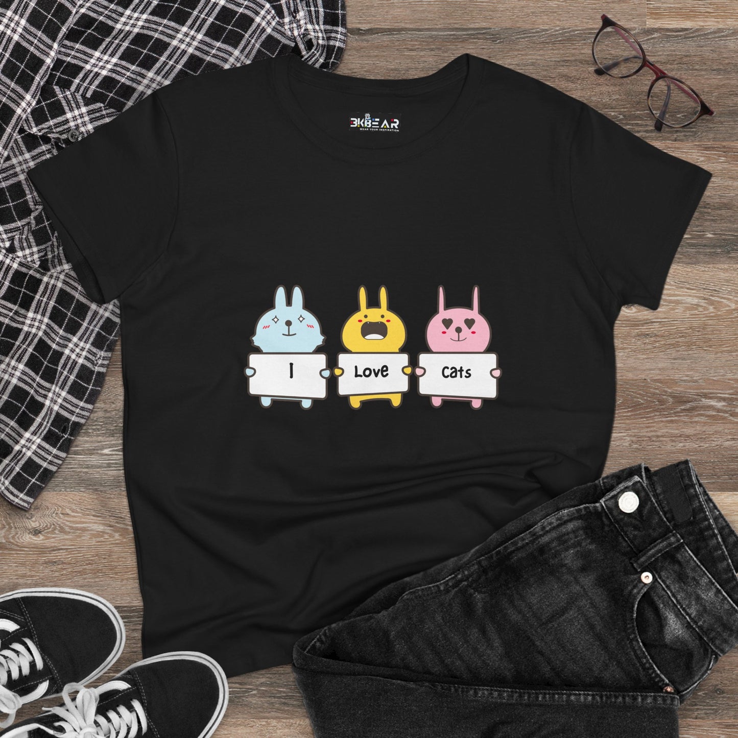 Black women's cat lover t-shirt with cute cartoon animals holding signs that say I Love Cats