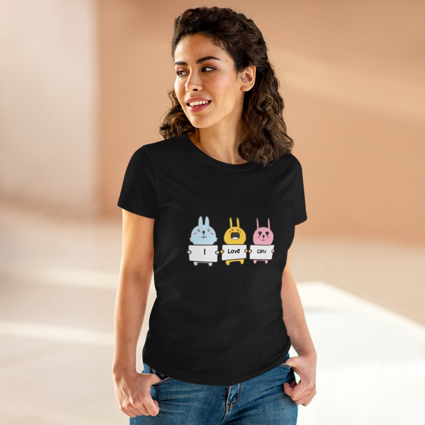 Printify women's cat lover t-shirt with cute cartoon cats and I love cats text in black