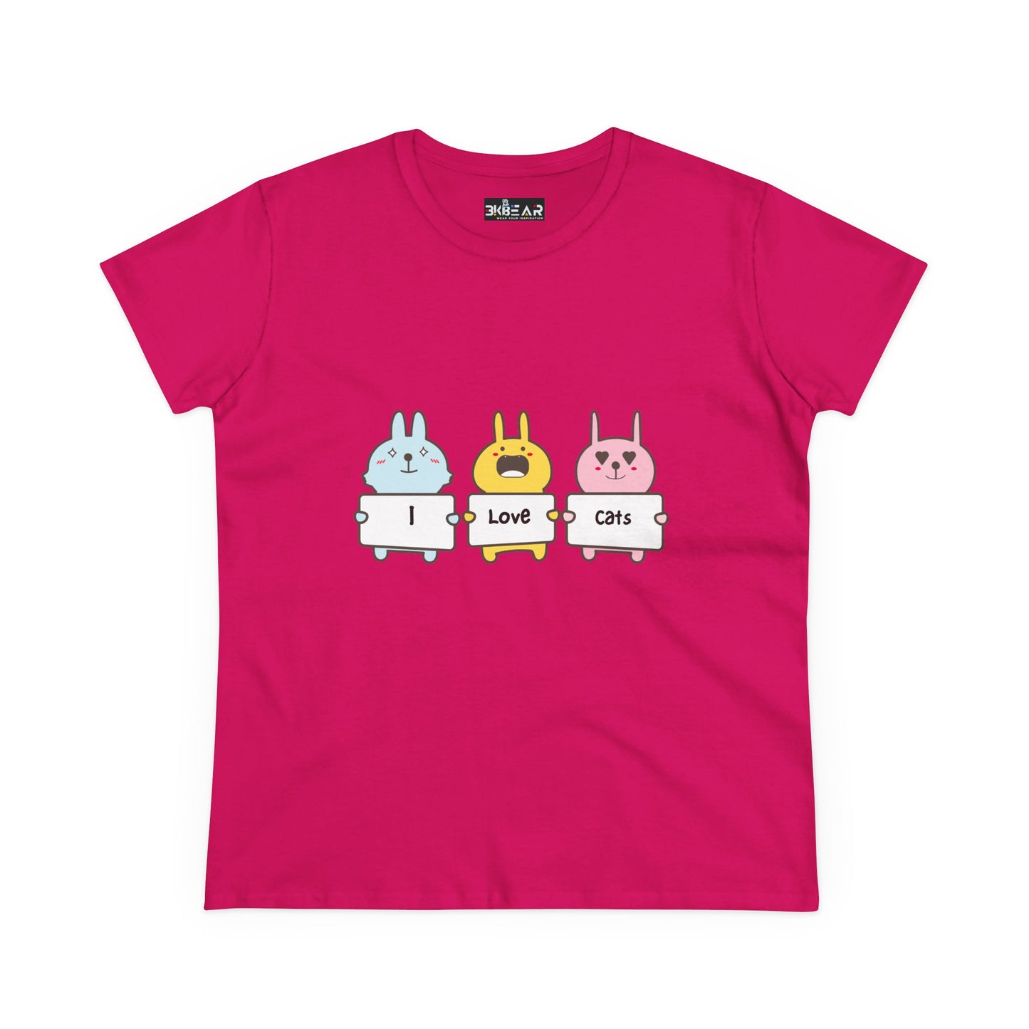 Printify women's cat lover t-shirt in pink with cute cartoon animals holding I love cats signs