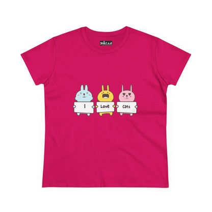 Printify women's cat lover t-shirt in pink with cute cartoon animals holding I love cats signs