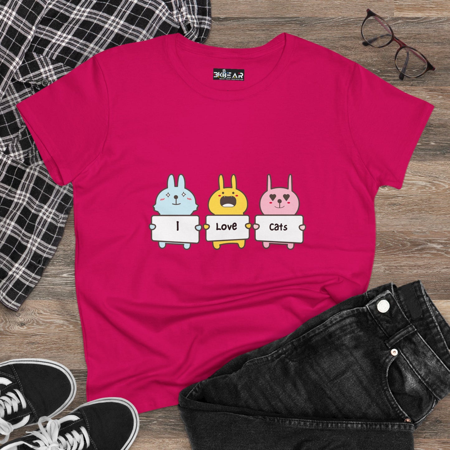 Printify women's cat lover t-shirt in pink with cute cartoon cats holding I love cats signs