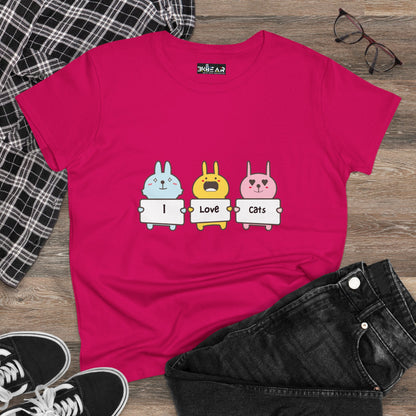 Printify women's cat lover t-shirt in pink with cute cartoon cats holding I love cats signs