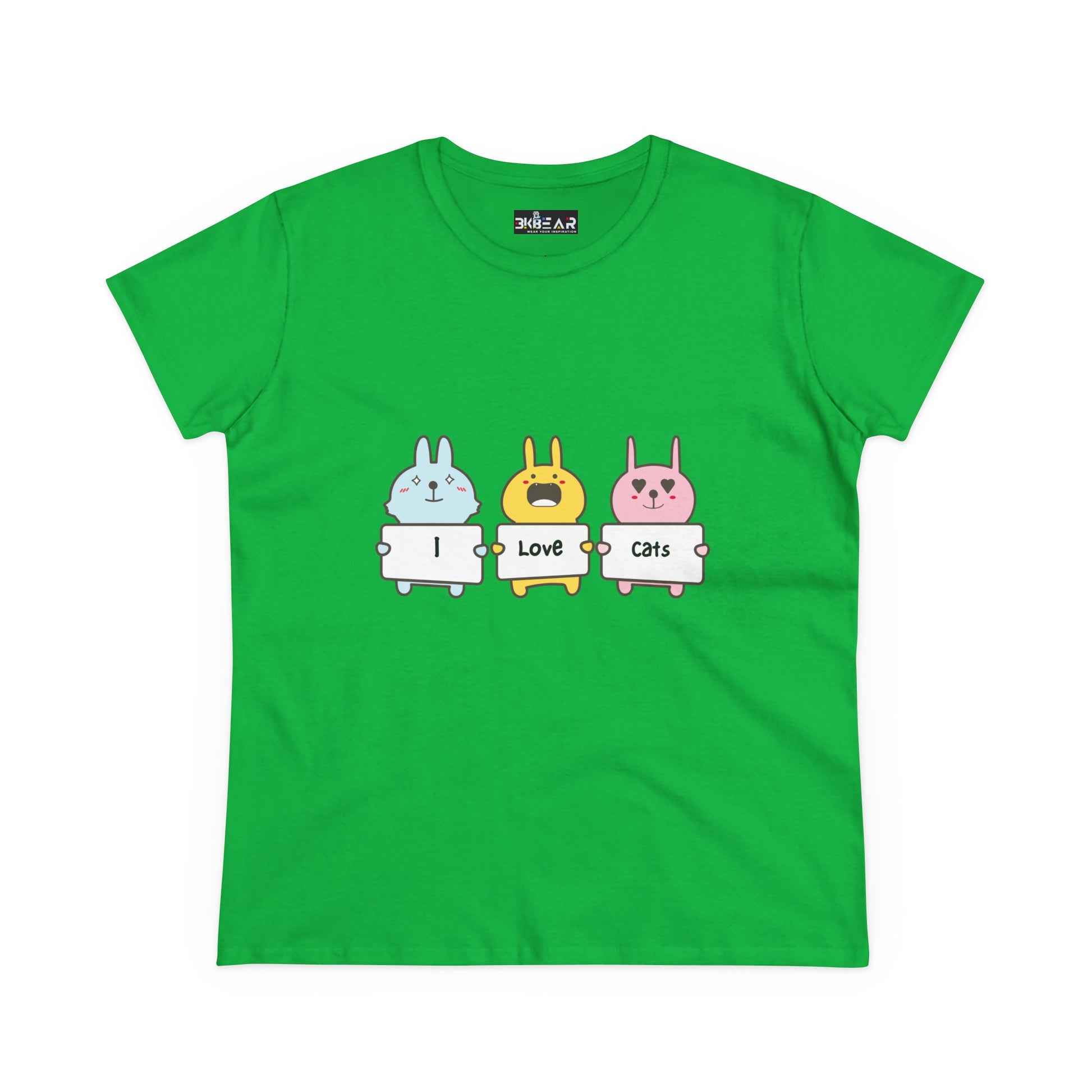 Green women's cat lover t-shirt with cute cartoon cats holding I love cats signs