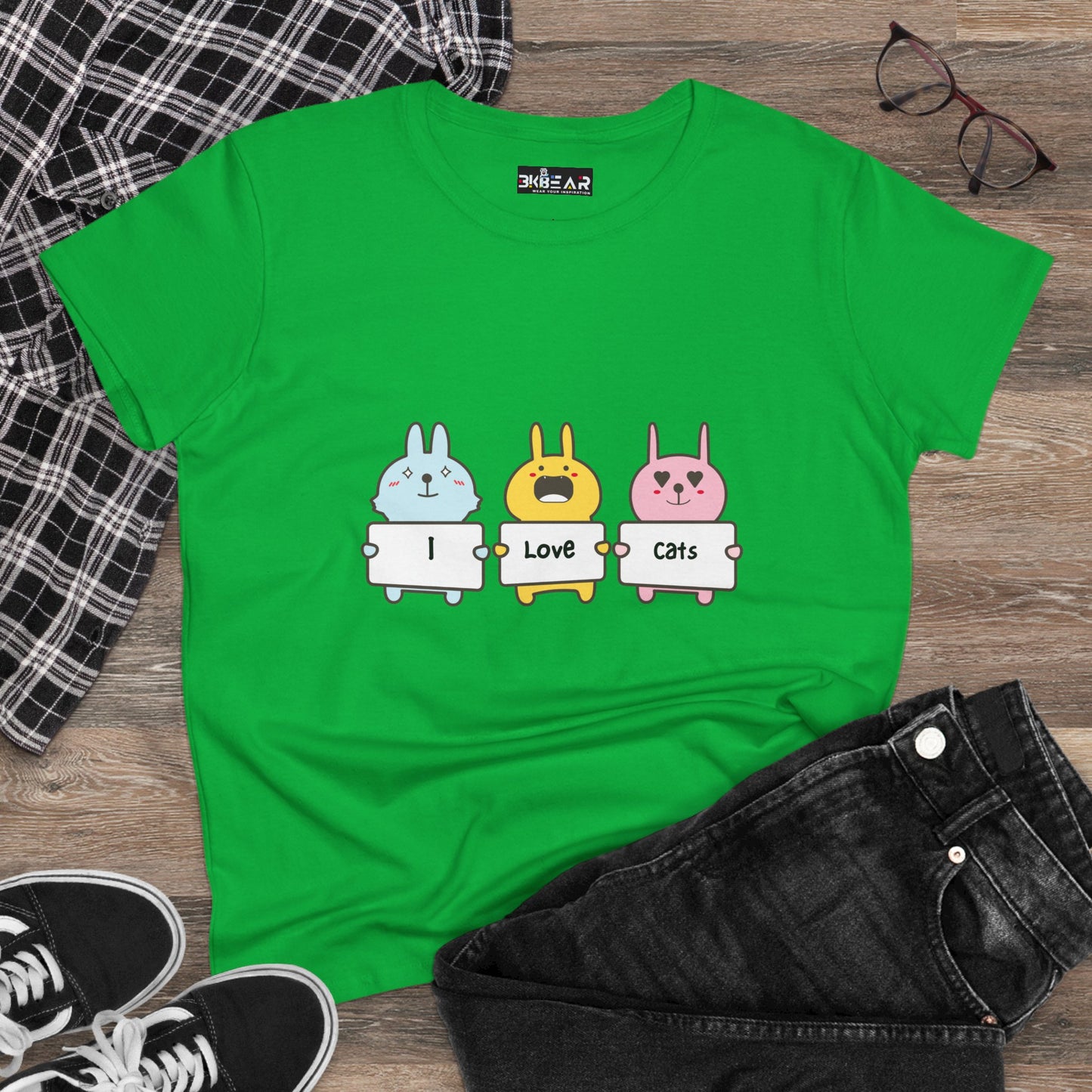 Green women's cat lover t-shirt with cute cartoon animals holding signs that say I love cats