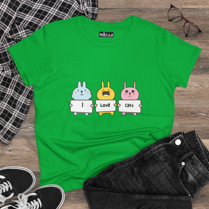 Green women's cat lover t-shirt with cute cartoon animals holding signs that say I love cats