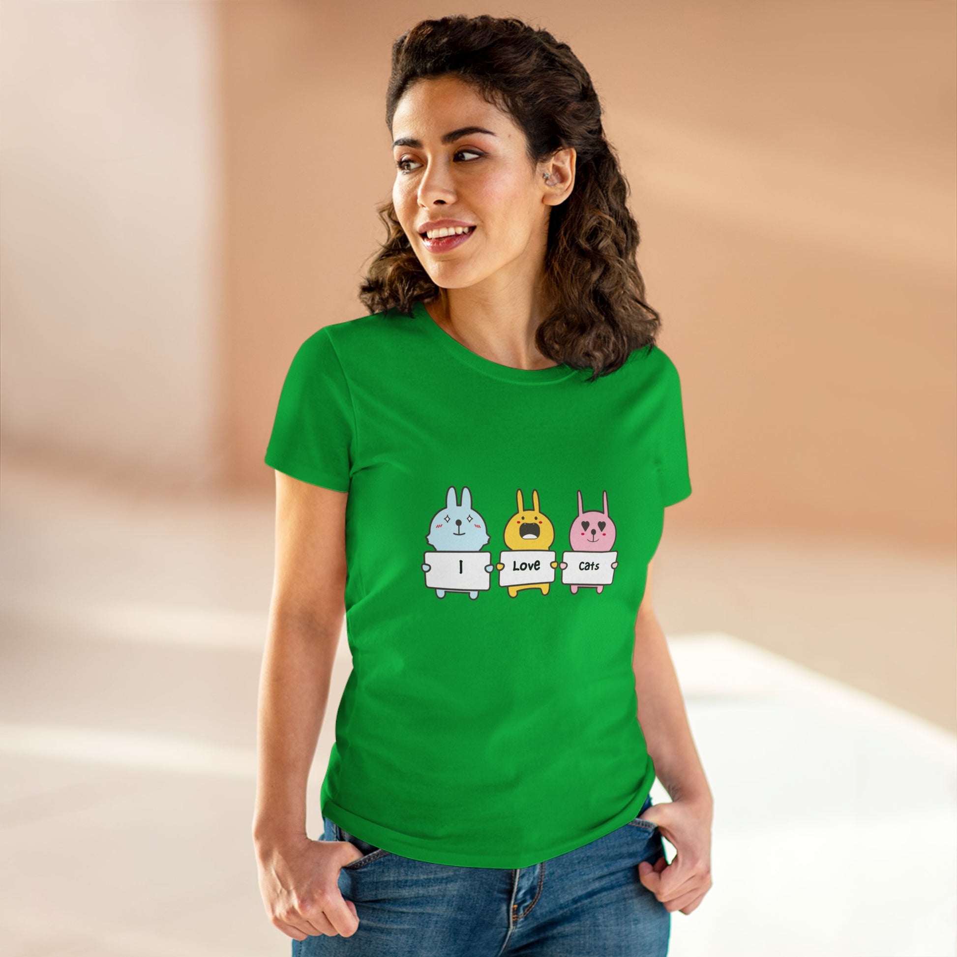 Green women's cat lover t-shirt from Printify with cute cartoon bunnies holding I love cats signs