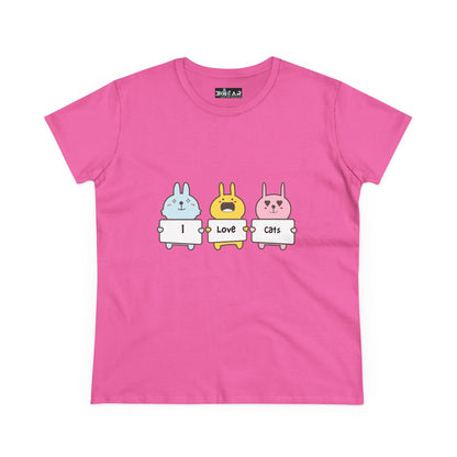 Pink women's cat lover t-shirt with cute cartoon animals holding signs that say I love cats