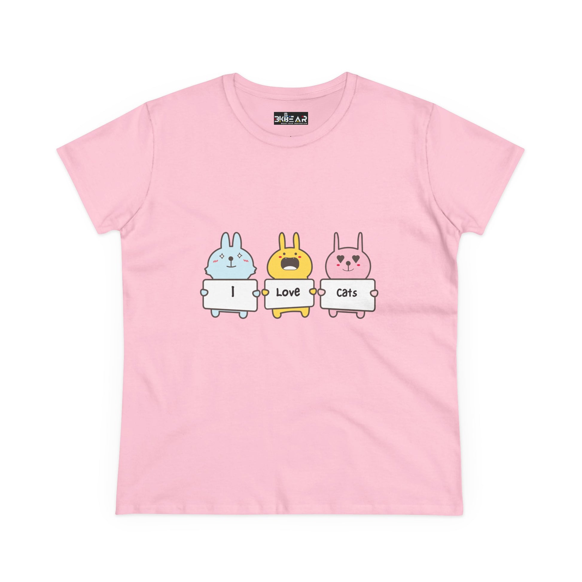 Pink women's cat lover t-shirt featuring cute cartoon animals holding I Love Cats signs