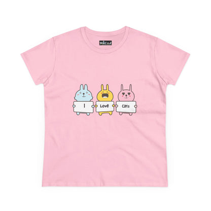 Pink women's cat lover t-shirt featuring cute cartoon animals holding I Love Cats signs