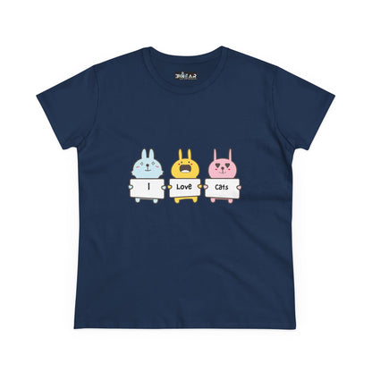 Navy Printify women's cat lover t-shirt with cute cartoon animals holding I love cats signs