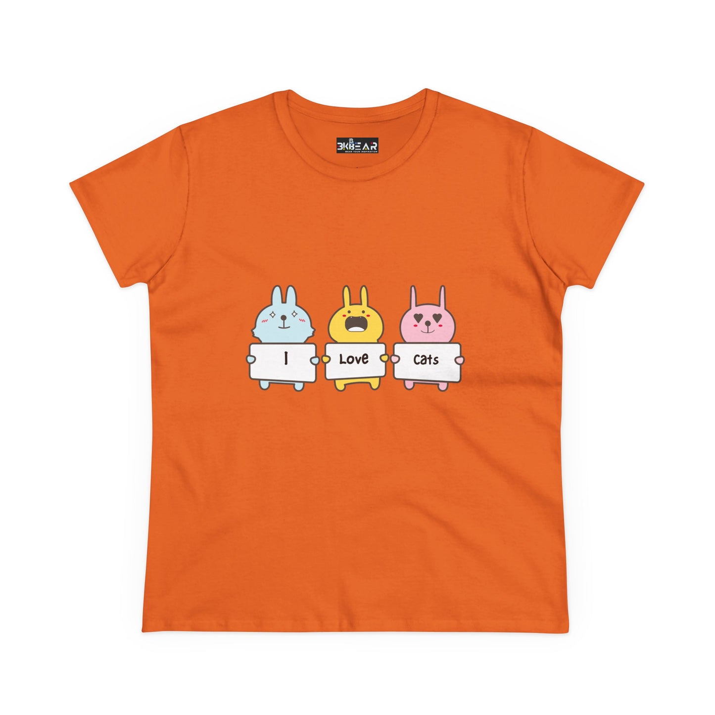 Orange women's cat lover t-shirt with cute cartoon cats holding I love cats signs