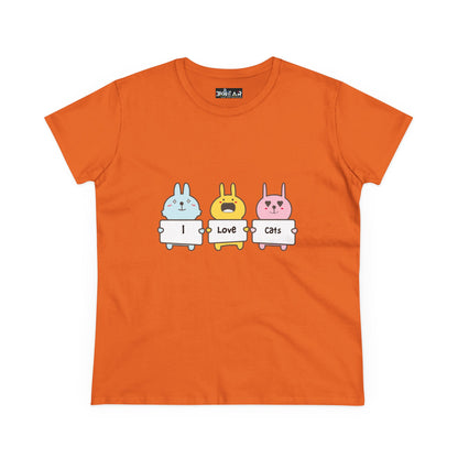 Orange women's cat lover t-shirt with cute cartoon cats holding I love cats signs