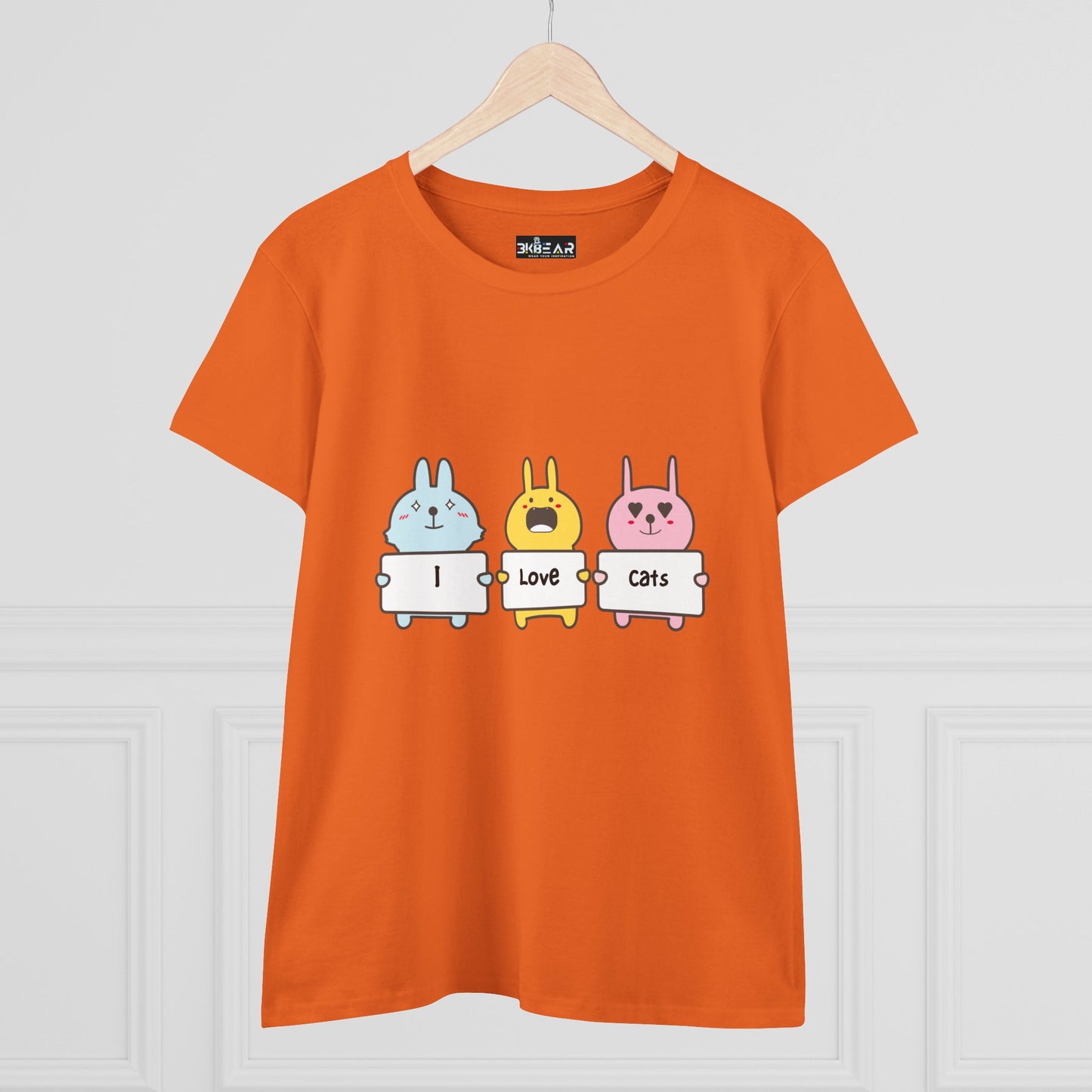 Orange women's cat lover t-shirt with cute cartoon cats holding I love cats signs from Printify