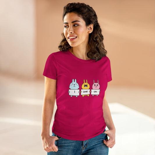 Printify women's cat lover t-shirt in pink with cute bunny graphic holding I love cats signs