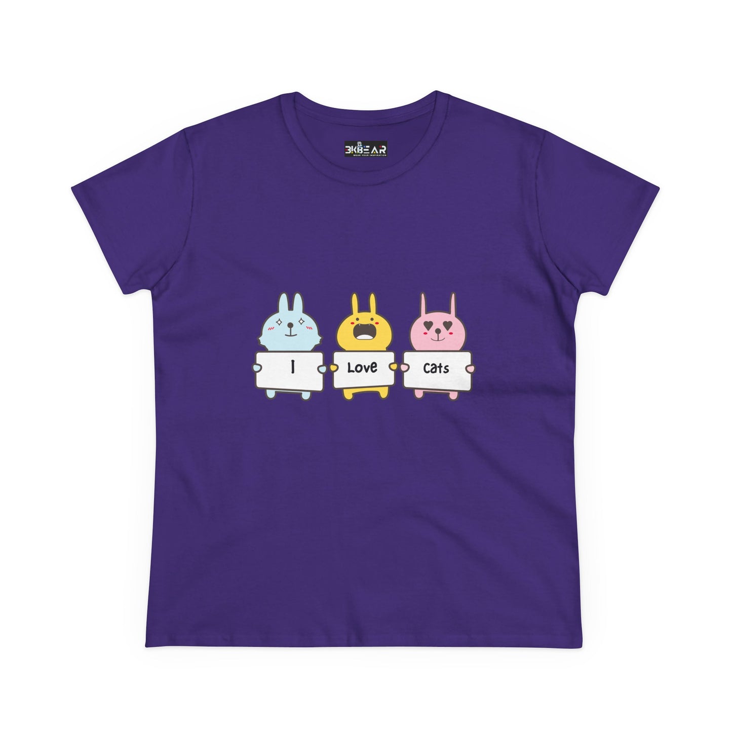 Purple women's cat lover t-shirt with cute cartoon animals holding I Love Cats signs