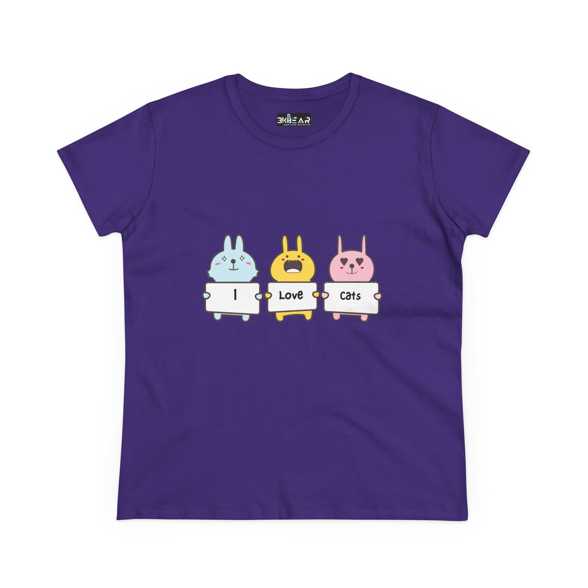 Purple women's cat lover t-shirt with cute cartoon animals holding I Love Cats signs