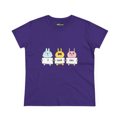 Purple women's cat lover t-shirt with cute cartoon animals holding I Love Cats signs